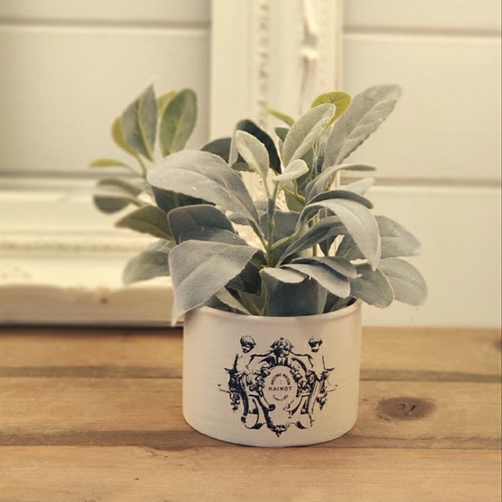 Upcycled Hand Painted Ceramic Crock With Navy Blue Transfer